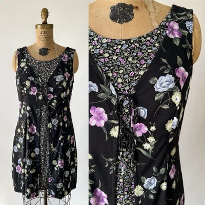Vintage 90s Dark Black Purple Floral Babydoll Mini Dress Grunge Tie Front M L 14 - Image 1 of 4