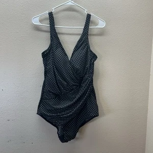 Miraclesuit One Piece Swimsuit Size 14 Black Polka Dots Faux Wrap Front Bra - Picture 1 of 10