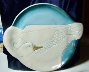 Vintage 1987 Flat Earth Keramik anmutig weiß Schwan blau Platte 13" x 11" - Bild 1 von 4