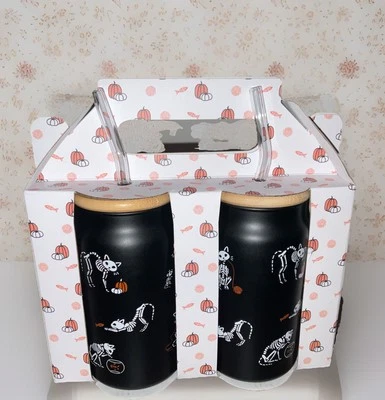 PRIMA GLASS 2 BLACK CAT SKELETON 16oz. TUMBLER BAMBOO LID + STRAW NIB - Image 1 of 4