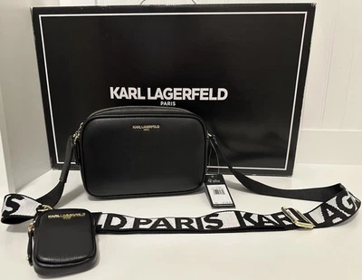Bandolera Karl Lagerfeld Paris Negra Herrajes Dorados Logo Correa con Cremallera Bolsa Foto 1 de 4