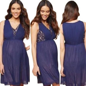Motherhood Maternity Navy Cocktail Dress Lace Detail Pleated Semi-Formal Lined S - Picture 1 of 6