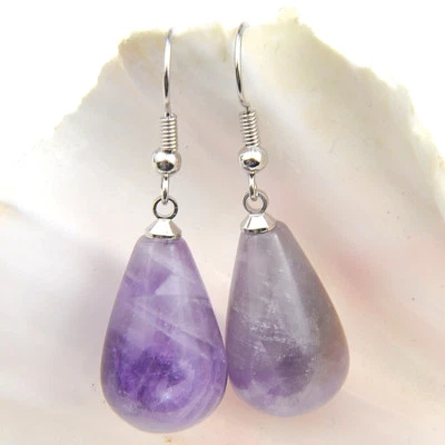 100% Genuine Form Nature Purple Amethyst Gemstone Silver Dangle Drop Earrings - Image 1 of 4