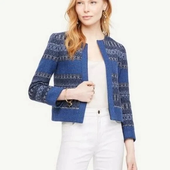 NWOT Ann Taylor $139 Striped Tweed Jacket Multi Blue Open Front Blazer Size 6 - Image 1 of 4