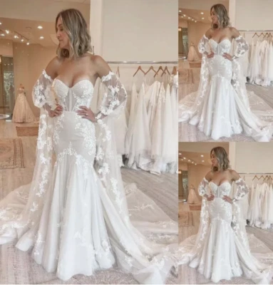 Sexy Mermaid Wedding Dresses with Sleeve Lace Appliques White Ivory Bridal Gowns - Image 1 of 3