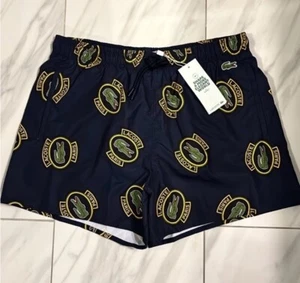 Lacoste Men's All Over Croc Swim Shorts Navy Blue Yellow $95 New - Picture 1 of 4