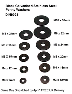 Black Stainless Steel Penny Washers M3 M4 M5 M6 M8 or M10 Galvanised Pack of 10  - Picture 1 of 3