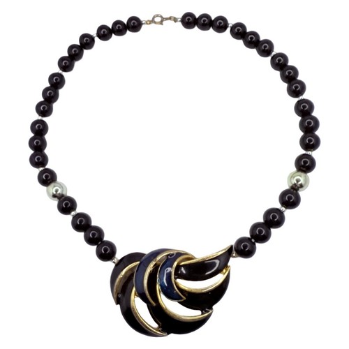 Collana vintage Givenchy 17 5" blu navy e nero ciondolo perline alta moda