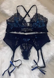 iCollection 77002 3 Piece Lace Lingerie Set Bra Thong Garter M Medium Blue Black - Picture 1 of 4