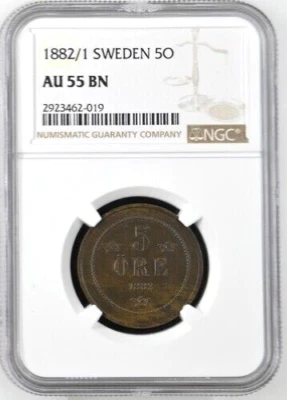 1882 /1 Sweden 5 Ore, NGC AU 55, KM - 736, Scarce Overdate, 1 Finer @ NGC - Image 1 of 2