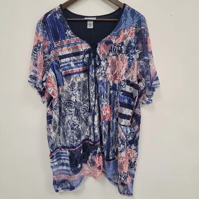Catherines Womens Flutter Sleeve Lace Top Size 2X 4th Of July Sheer Patriotic - Image 1 of 4