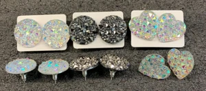 3 pairs of bright round /heart shape sparkle/bling glitter flat acrylic earrings - Picture 1 of 7