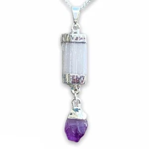 Selenite Amethyst Chakra Crystal Pendant CHARGED 925 Sterling Silver Necklace He - Picture 1 of 10
