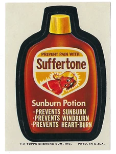 Topps Wacky Packages 1974 octava serie 8 Suffertone Sunburn Potion casi nuevo sin usar - Imagen 1 de 1