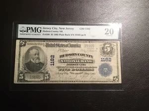 5.00 1902 national bank note Hudson county Jersey City NJ PMG 20 VF Annotation - Picture 1 of 4