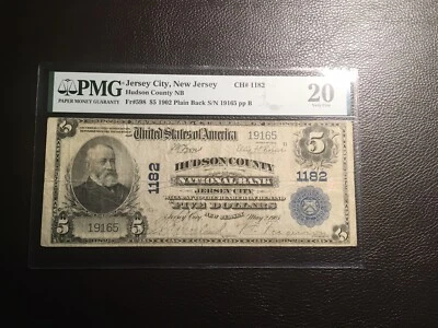 5.00 1902 national bank note Hudson county Jersey City NJ  PMG 20 VF Annotation￼ - Image 1 of 4