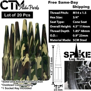 20Pc 4.5" TALL CAMOFLAG M14x1.5 SOLID SPIKE LUG NUT+KEY FIT 5 LUG M14x1.5 MODELS - Picture 1 of 2