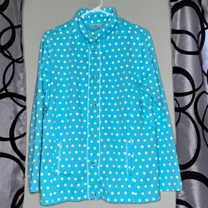 Quacker Factory Cotton Blend Blue White Polka Dot Snap Pockets Jacket M - Picture 1 of 11