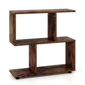 2-Tier S-Shaped Shelf Storage Rack Bookshelf Free Standing Wooden Display Brown - Picture 1 of 8
