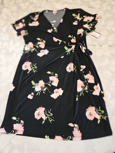 Anne Klein Dress Women 2X Black Blush Pink Floral Faux Wrap Stretch CottageCore - Picture 1 of 9