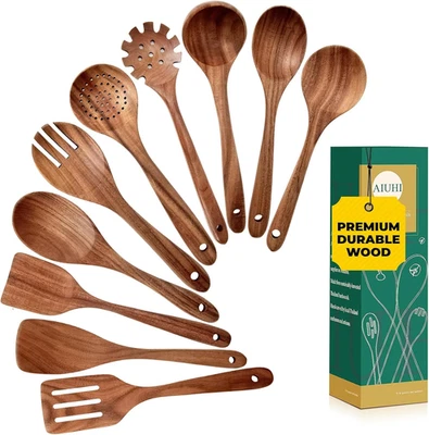 Wooden Kitchen Utensils Set, No Scratch Wood Spatula and Spoon Set, Teak Wood Co - Image 1 of 4