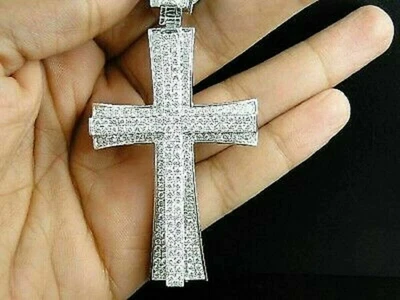 Colgante Cruz Diamante Hombre 3Ct Pavé Corte Redondo D/VVS1 Acabado Oro Blanco 14K Foto 1 de 3