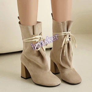 Women's Ankle Boots Casual Suede Boots High Chunky Heels Lace Up Round Toe Boots - Picture 1 of 23