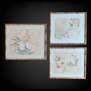 VTG Silk Asian Bird Butterfly Flower Watercolor Paintings Signed Frames - Picture 1 of 16