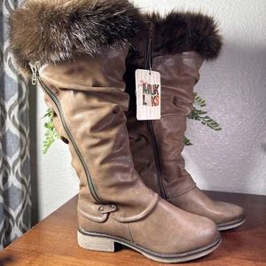 NEW Muk Luk Boots Knee High Brown Faux Fur Top Lined Zip Closure Water Resistant - Picture 1 of 13