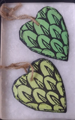 OOK Two Linocut Print Green and Yellow Slate Love hearts Hanging Valentine Gift - Image 1 of 4