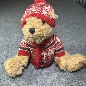 Vintage brauner Teddybär mit Gelenken und rotem Weihnachtspullover passende Mütze - Bild 1 von 7