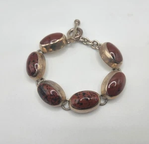 Taxco Mahogany Obsidian Gemstone Mexico 925 Sterling Silver Vintage Bracelet - Picture 1 of 6