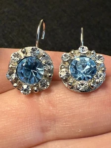 Silver Tone Lever Back Aqua Crystal Earrings with Clear Rhinestones - Picture 1 of 7