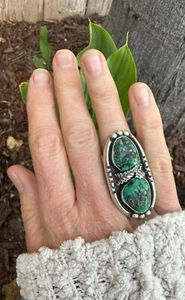 Big Green Turquoise Ring. Size 6 Sterling Silver. 2 Stones Leaf Glen Spence Art - Picture 1 of 14