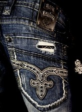 $220 Mens Rock Revival "Luckett" Jet Black Swarovski Leather Relaxed Straight 31