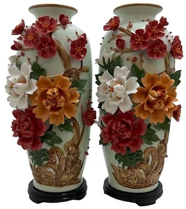 Jarrones gemelos de porcelana hechos a mano - Decoración de arte floral 3D rojo y blanco (juego blanco) - Imagen 1 de 15