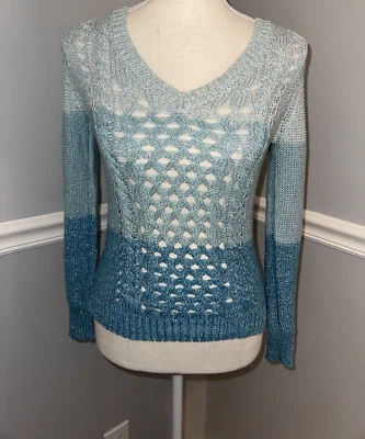 Suéter Justice Niñas Talla 10 Crochet Tejido Abierto Fibra Metálica Cuello en V Bloque de Color Foto 1 de 4