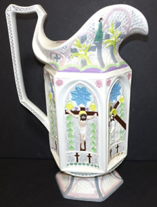 Vintage Large Pitcher Jug Jesus Religious Stations of the Cross KYMOLD Ceramic