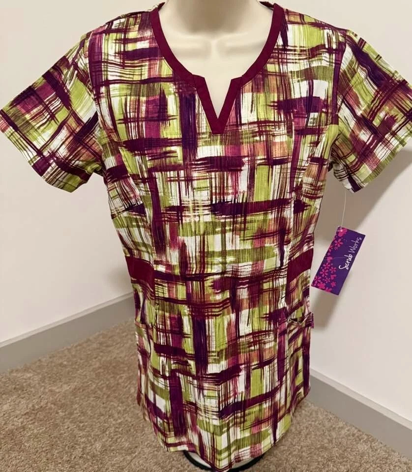 SCRUB WORKS WOMENS SIZE XSMALL SCRUB TOP MAROON LIME GREEN DESIGN NEW WITH TAGS - Image 1 of 1