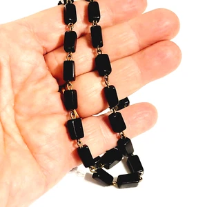Vintage schwarz Glas Halskette Rechteck Perlen 22" lang 1940er Schmuck bk01-17 - Bild 1 von 6