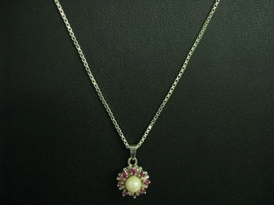 835 Argento Catena & 925 Argento Sterling Ciondolo Con Rubino & Perle Ricoperto - Immagine 1 di 4