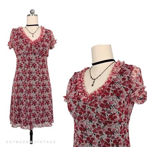 Vintage Mini Dress L Red Black Floral 90s Y2K Mesh Babydoll Ruffle Fairy Grunge - Picture 1 of 11