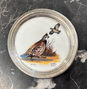 Vintage Hand Painted Porcelain Quail Game Bird Sterling Rimmed Coaster Hunt - Picture 1 of 8