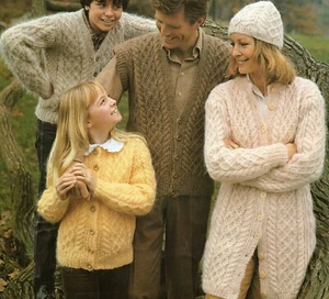 Bulky Aran Style Family Jackets Waistcoats + Hat Knitting Pattern 22-44 inch  - Picture 1 of 1