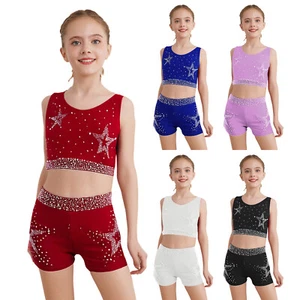 Kids Girls Outfit Performance Set 2Pcs Suit Cropped Vest Crisscross Back Shiny - Picture 1 of 69