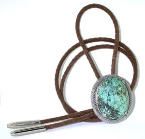 GREEN BLUE 40x30 OVAL SONORAN TURQUOISE CABOCHON GEM MESH BOLO TIE EPBT21N/8325 - Picture 1 of 3