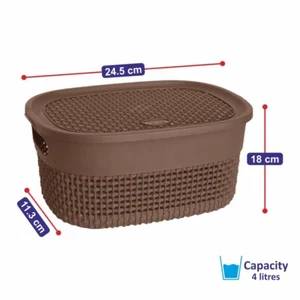 4L Plastic Storage Basket with Lid Tidy Organiser Droplette Home Office - BROWN - Picture 1 of 11