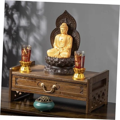 Mesa de altar con almacenamiento, Mesa de meditación pequeña, Mesa de puja de bambú natural  Foto 1 de 4