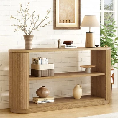 59" Slim Oval Modern Entryway Console Table - Curved Design with 2 Open Shelves - Image 1 of 4