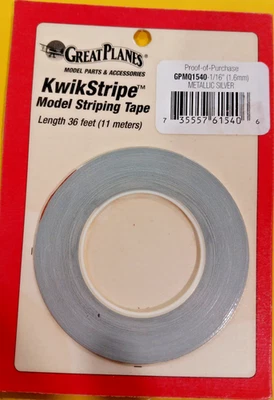 GREAT PLANES  KWIK STRIPE ~NIP!~36 FEET - PN #GPMQ1540 1/16" METALLIC SILVER - Image 1 of 4